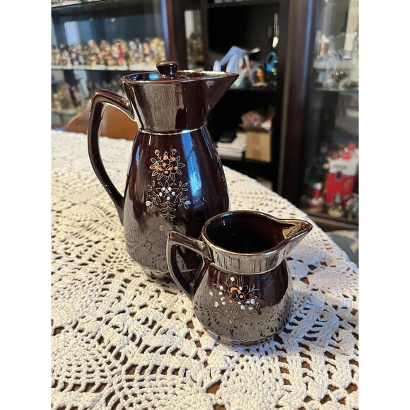 Vintage Japanese Moriage Patterned Hand Painted‎ Redware "Tea Set" - 2-piece Set - Picture 1 of 12